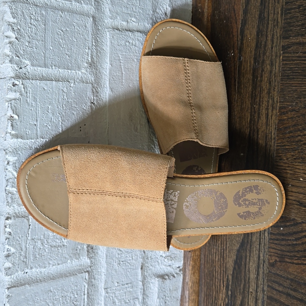 Sorel Ella Block Slide Sandals, Tan, Size 9.5.